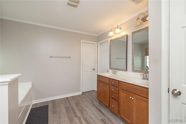 bathroom with double vanity, wood finished floors, ornamental molding, and a sink