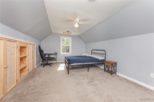 15131 Burruss Ln, Ruther Glen, VA 22546 - carpeted bedroom featuring lofted ceiling, baseboards, and ceiling fan