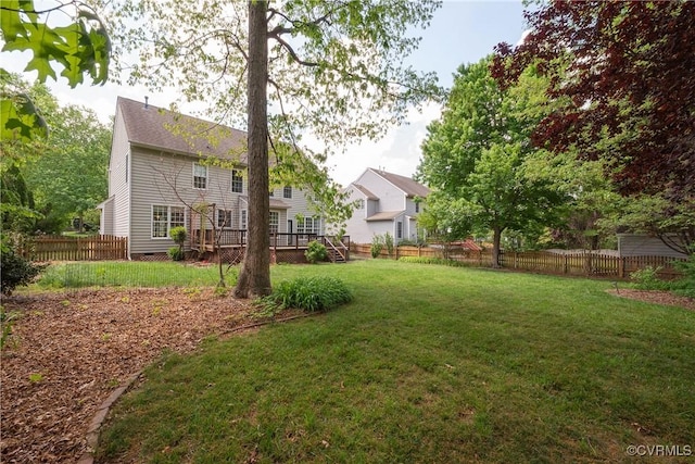 view of yard with a deck and a fenced backyard