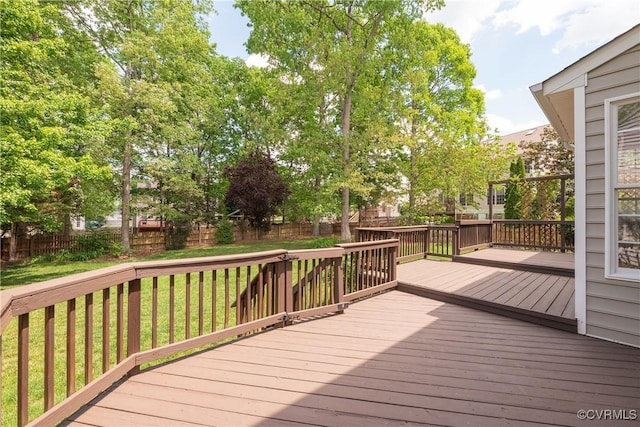 wooden deck featuring a yard and a fenced backyard