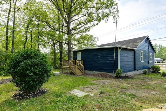 exterior space featuring a deck, crawl space, and stairs