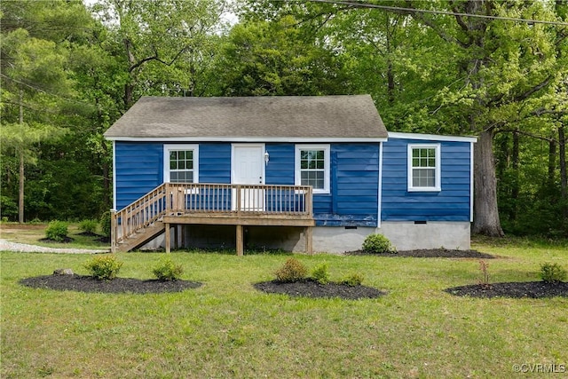 view of front of property with stairway, crawl space, a deck, and a front lawn