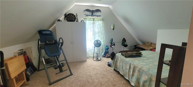carpeted bedroom featuring vaulted ceiling