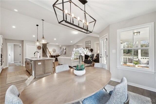 LOT12 Red Oak Cir Lot 12, Aylett, VA 23009 - dining area featuring baseboards, wood finished floors, stairs, and vaulted ceiling