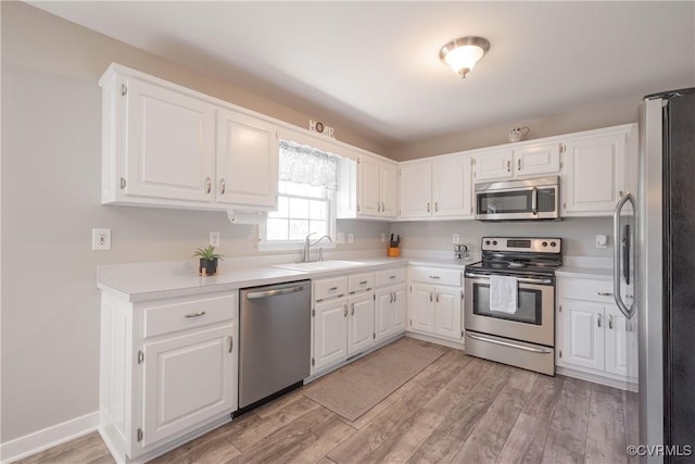 kitchen with light wood finished floors, a sink, white cabinets, and stainless steel appliances