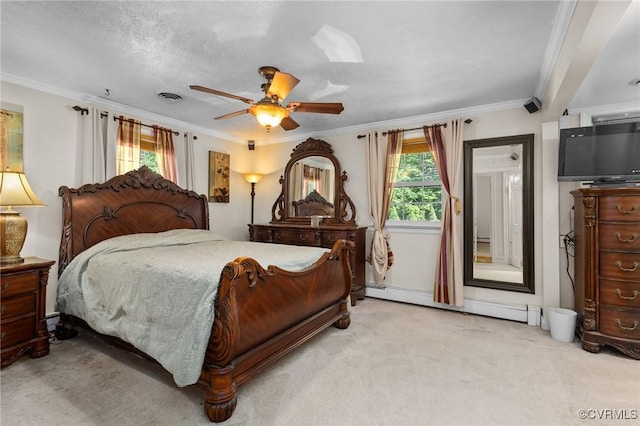 bedroom with light colored carpet, ornamental molding, and a baseboard heating unit