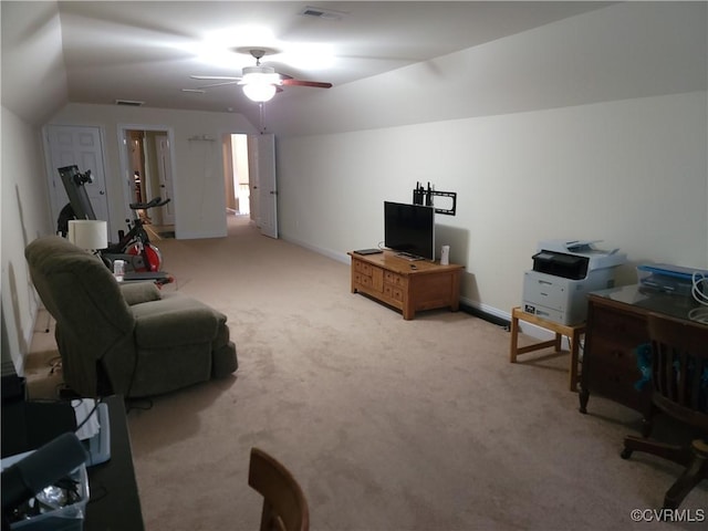 8313 Kalliope Ct, Chesterfield, VA 23838 - carpeted living area with a ceiling fan, vaulted ceiling, a desk, and baseboards
