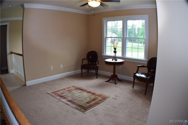 8313 Kalliope Ct, Chesterfield, VA 23838 - living area featuring a ceiling fan, crown molding, carpet floors, and baseboards