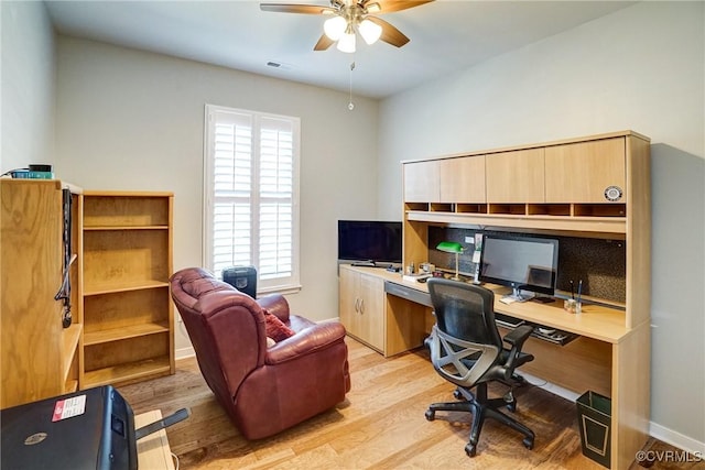 home office with visible vents, a ceiling fan, and light wood finished floors