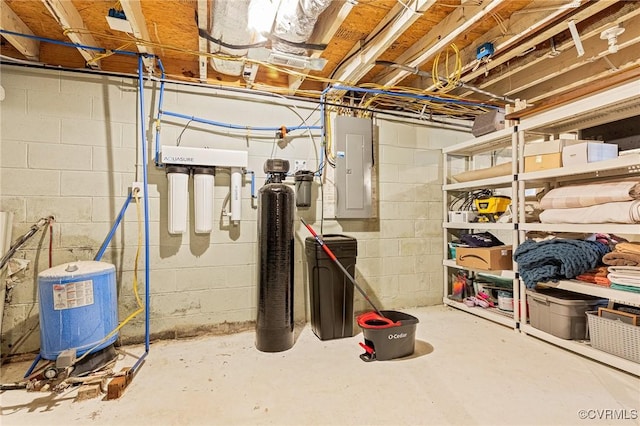 unfinished basement featuring electric panel