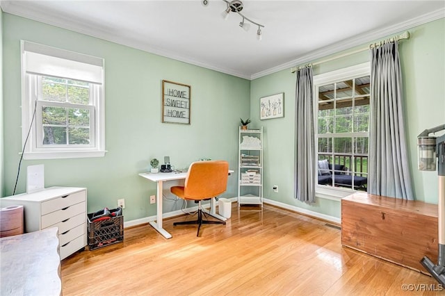 office featuring baseboards, ornamental molding, and wood finished floors