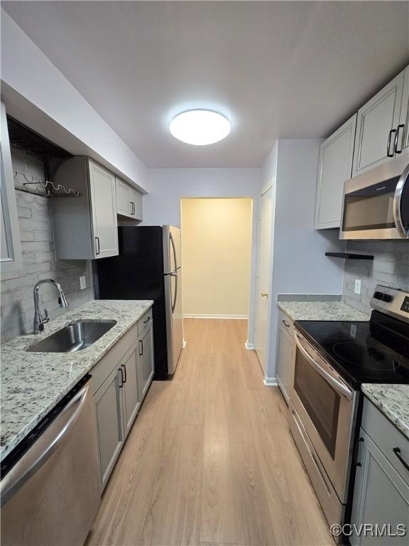 kitchen featuring backsplash, stainless steel appliances, a sink, and light wood-type flooring