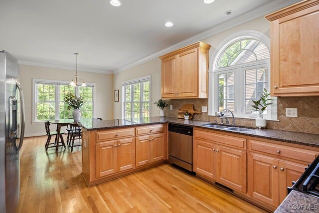 kitchen with stainless steel appliances, a sink, light wood-style flooring, plenty of natural light, and recessed lighting