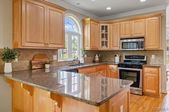 kitchen with stainless steel appliances, a sink, dark stone counters, a kitchen bar, and a peninsula