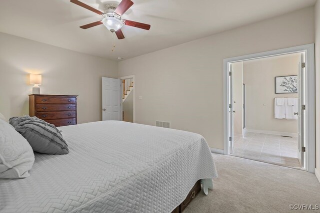 bedroom with carpet floors, ceiling fan, and baseboards