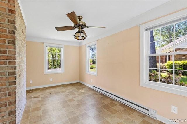 spare room with baseboards, a baseboard radiator, and ceiling fan
