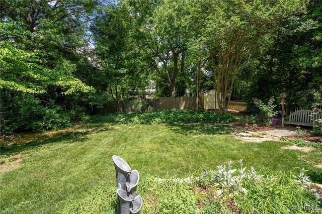 view of yard with an outdoor structure, fence, and a storage shed