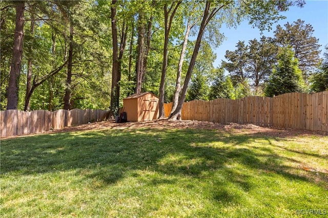 view of yard with a fenced backyard, a storage unit, and an outdoor structure