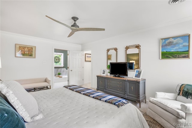 carpeted bedroom featuring visible vents, ornamental molding, and ceiling fan