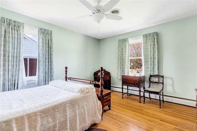 bedroom featuring visible vents, wood finished floors, baseboard heating, and multiple windows