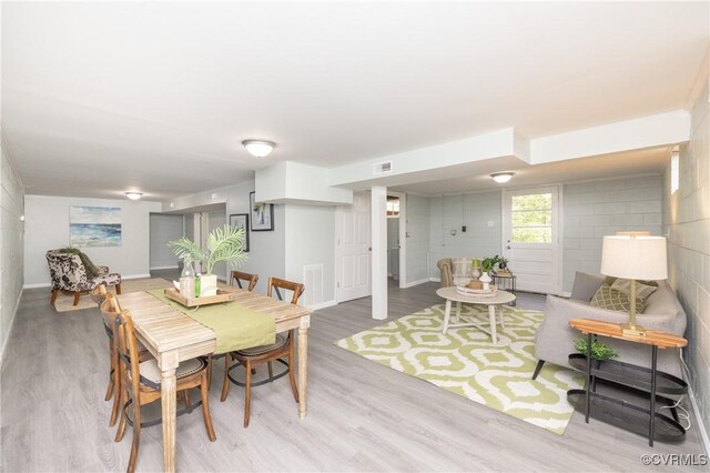 dining area featuring visible vents, baseboards, and wood finished floors