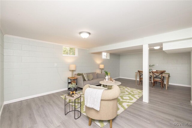 living room featuring baseboards, wood finished floors, and concrete block wall