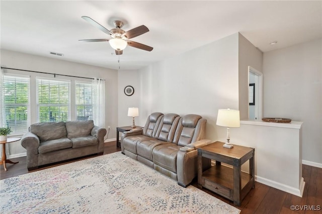 14000 Briars Cir Unit 202, Midlothian, VA 23114 - living area featuring a ceiling fan, baseboards, visible vents, and hardwood / wood-style flooring
