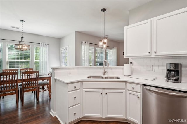 14000 Briars Cir Unit 202, Midlothian, VA 23114 - kitchen featuring visible vents, dishwasher, a sink, a peninsula, and a chandelier