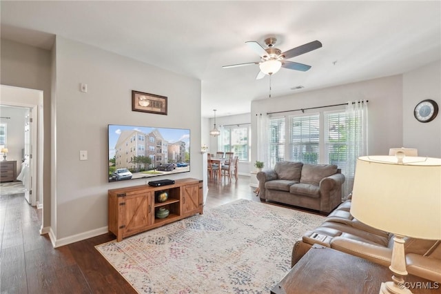 14000 Briars Cir Unit 202, Midlothian, VA 23114 - living area with a ceiling fan, baseboards, visible vents, and dark wood-style floors