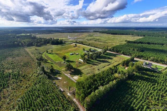 aerial view featuring a rural view and a forest view