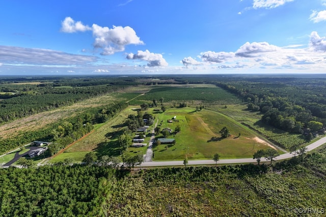 birds eye view of property featuring a rural view and a wooded view