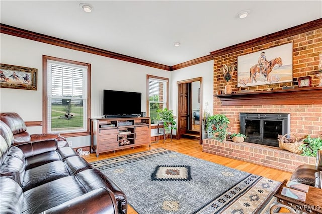 living room with a healthy amount of sunlight, crown molding, and wood finished floors