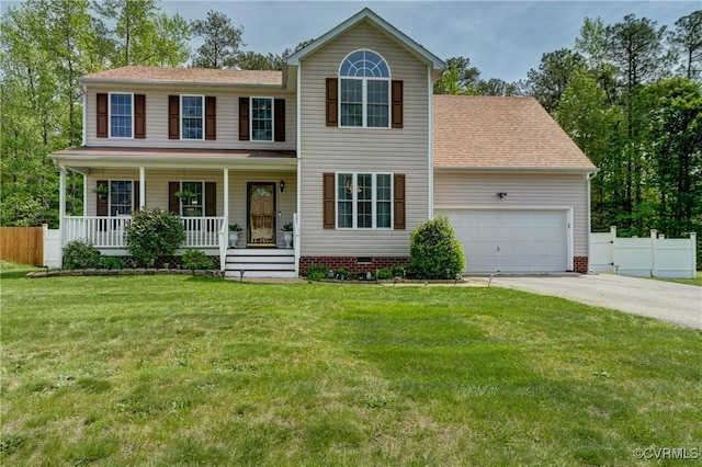 1213 Wycliff Ct, North Chesterfield, VA 23236 - view of front of property featuring a porch, driveway, a front yard, a garage, and fence