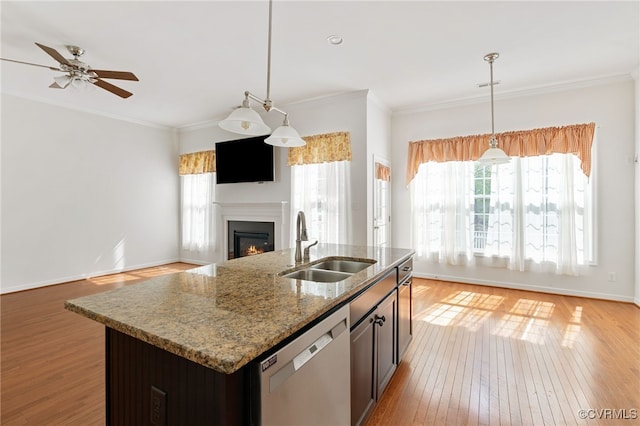 9533 Ashleyville Turn, Midlothian, VA 23112 - kitchen with a sink, dishwasher, open floor plan, light wood finished floors, and crown molding