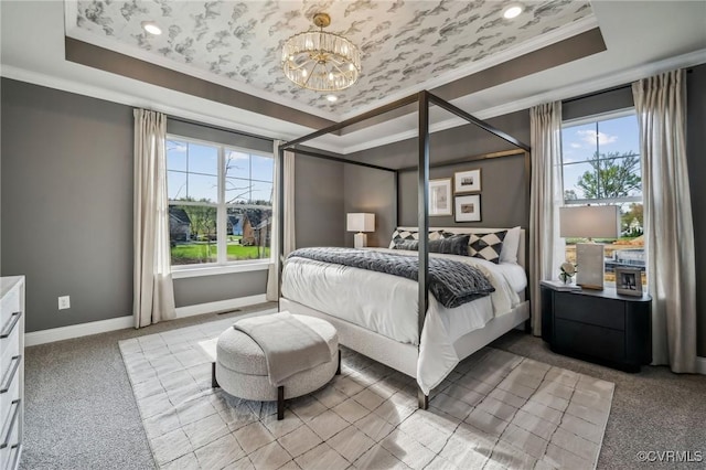 2710 Maidens Rd, Powhatan, VA 23139 - bedroom featuring ornamental molding, a raised ceiling, and a chandelier