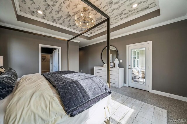 2710 Maidens Rd, Powhatan, VA 23139 - bedroom with crown molding, a tray ceiling, light carpet, and an inviting chandelier