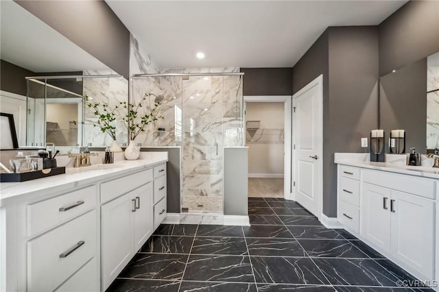 2710 Maidens Rd, Powhatan, VA 23139 - full bathroom featuring two vanities, a shower stall, a sink, and marble finish floor