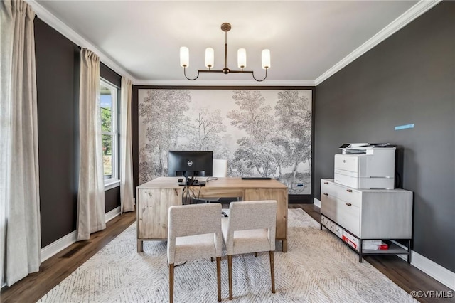 2710 Maidens Rd, Powhatan, VA 23139 - home office featuring crown molding, baseboards, wood finished floors, and a notable chandelier