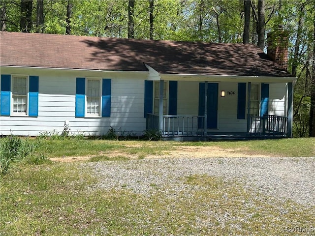 7404 Newbys Ct, Chesterfield, VA 23832 - ranch-style home featuring a porch, a chimney, and roof with shingles