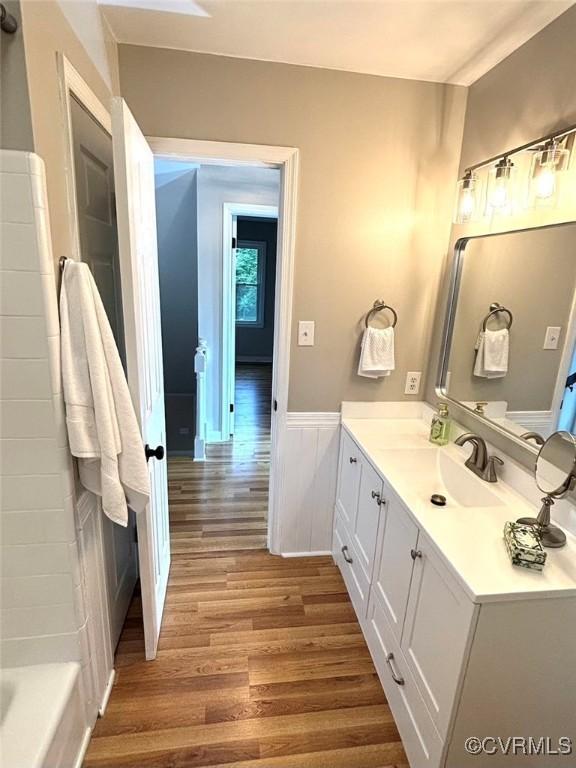 bathroom featuring wood finished floors, vanity, wainscoting, and a tub