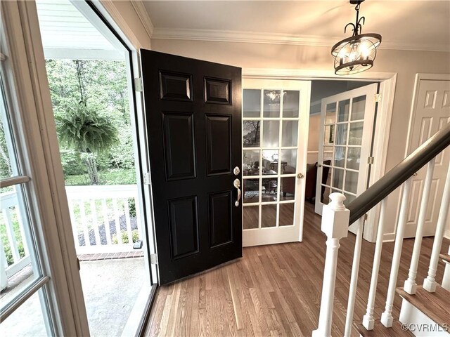 foyer entrance with healthy amount of natural light, crown molding, light wood finished floors, and a chandelier