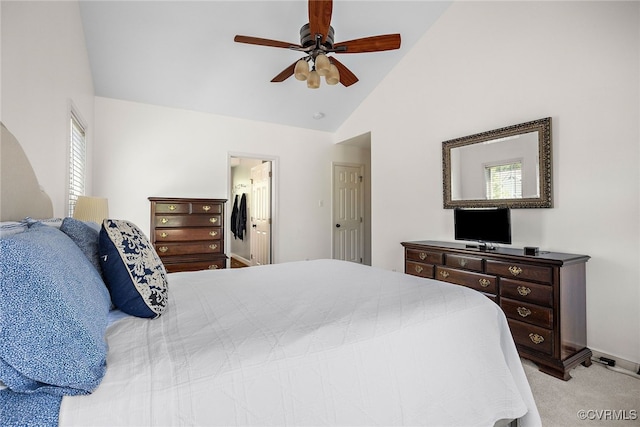 bedroom featuring baseboards, a ceiling fan, high vaulted ceiling, and light carpet