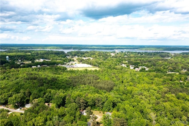 aerial view with a water view and a view of trees