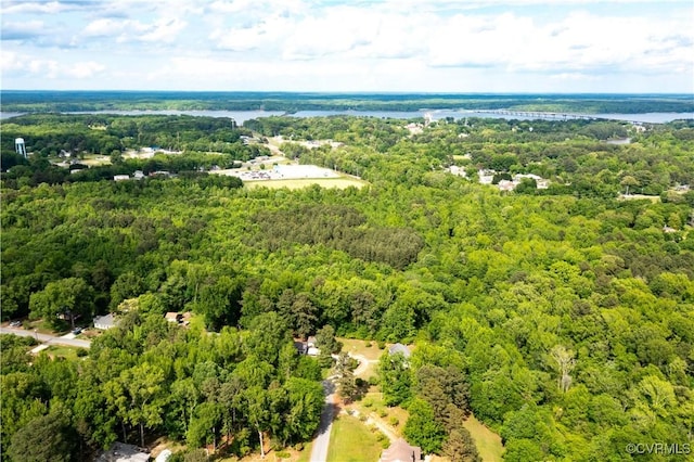 bird's eye view with a view of trees and a water view
