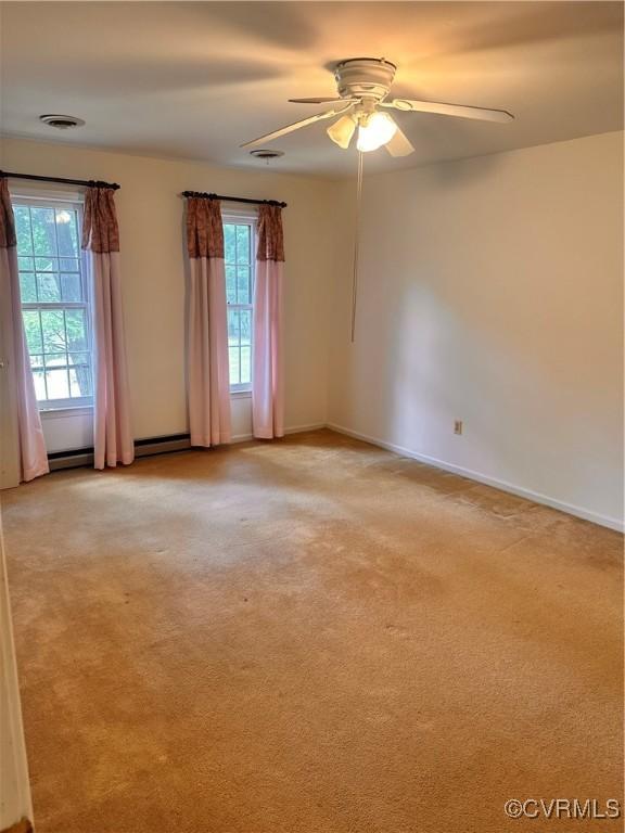 4805 Candlelight, Henrico, VA 23060 - unfurnished room featuring a ceiling fan, a baseboard radiator, and light colored carpet