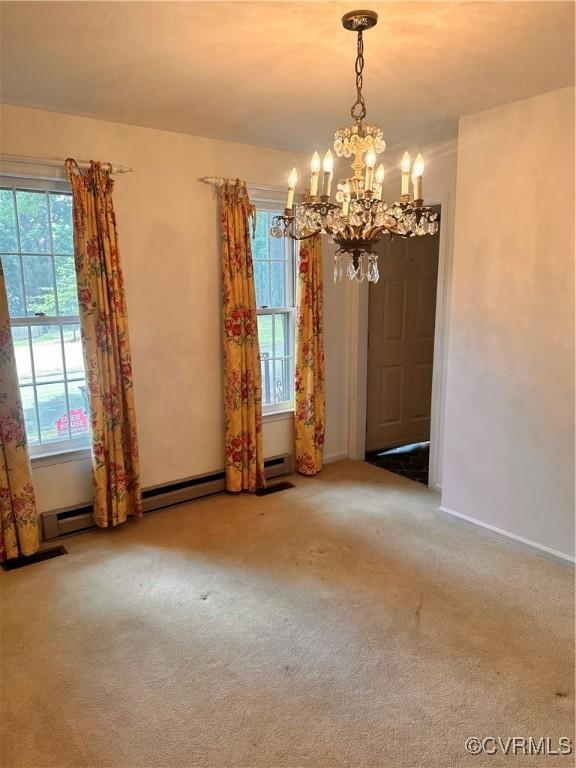 4805 Candlelight, Henrico, VA 23060 - empty room featuring a chandelier, healthy amount of natural light, carpet, and a baseboard heating unit