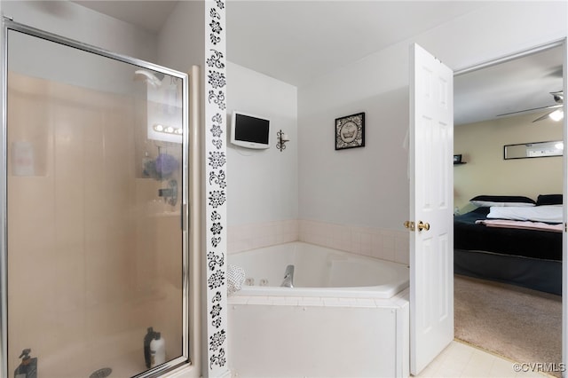 full bathroom featuring ensuite bathroom, a bath, ceiling fan, and a stall shower