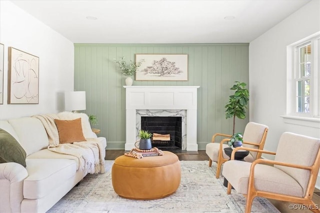 living room featuring wood finished floors and a fireplace