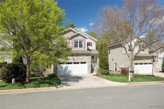 view of front facade featuring a garage, driveway, and stone siding