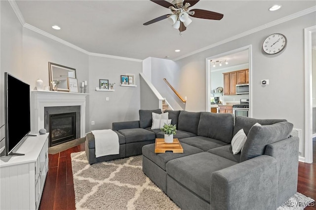 living area featuring crown molding, ceiling fan, stairway, and dark wood-type flooring